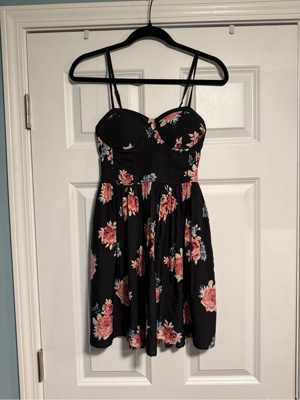 Band of Gypsies Black Floral Smocked Sundress with Coral and Blue Accents